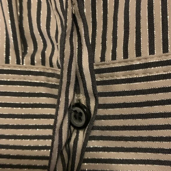LAFAYETTE 148 NY Stripe Shimmer Button Down Long Sleeve Blouse Black Beige SZ 10 - Picture 4 of 16
